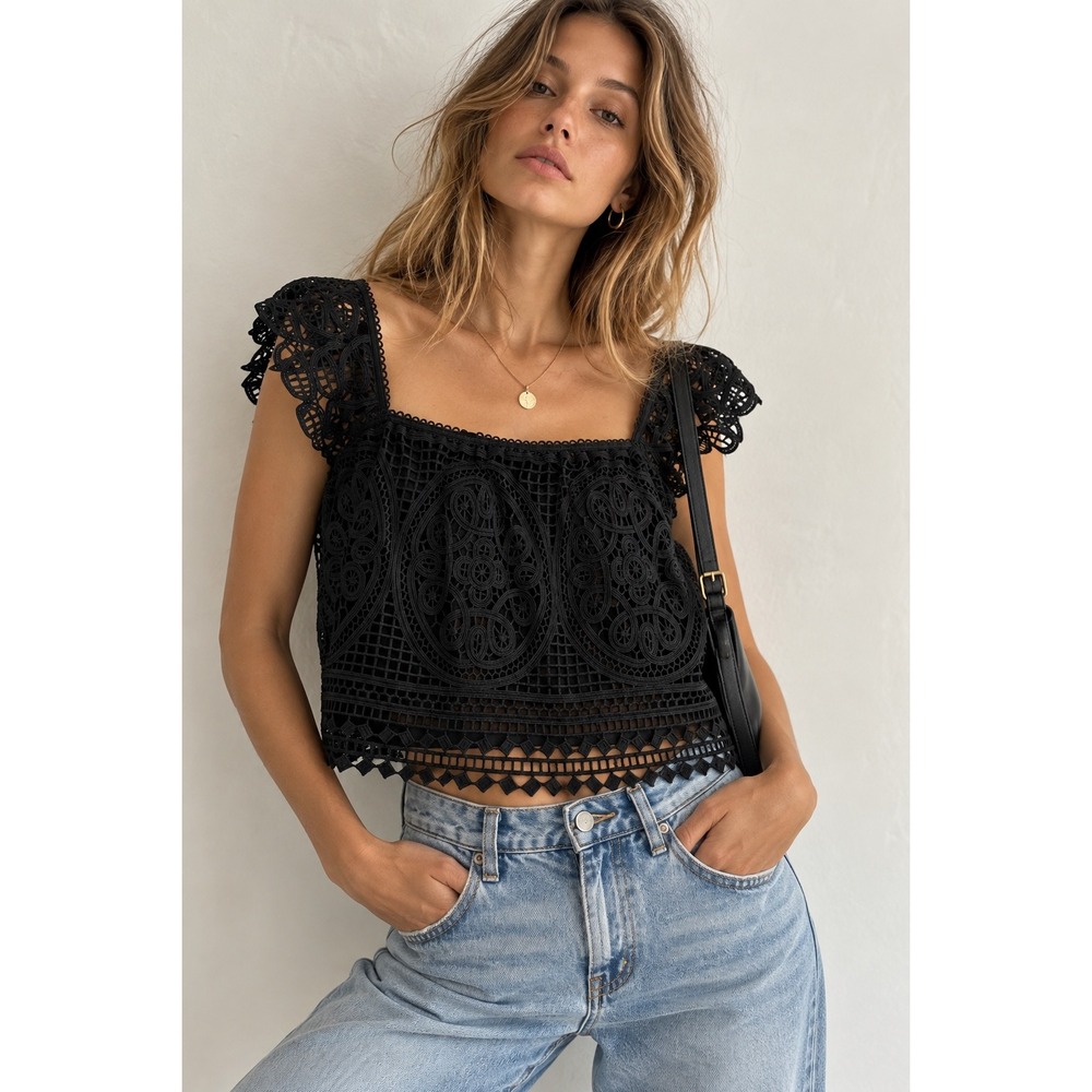 Endless Rose Blouse Black Flounce Lace Eyelet Top M dark Romantic Whimsy Fairy